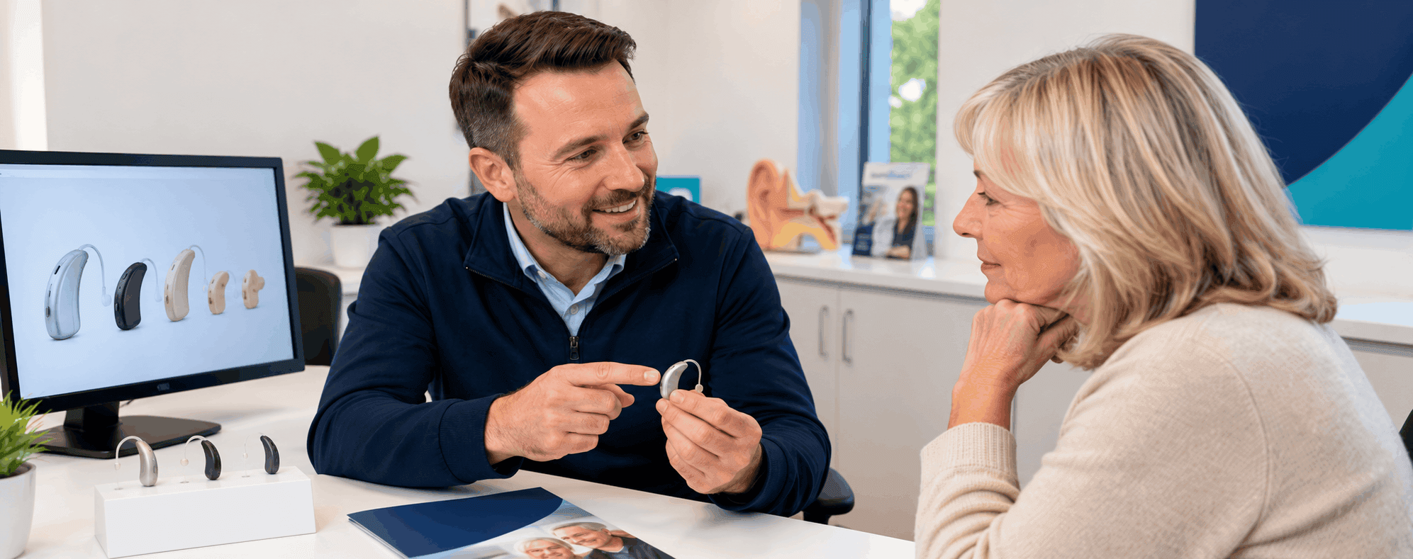 Audiologist discussing a hearing aid with an older woman during a hearing aid appointment