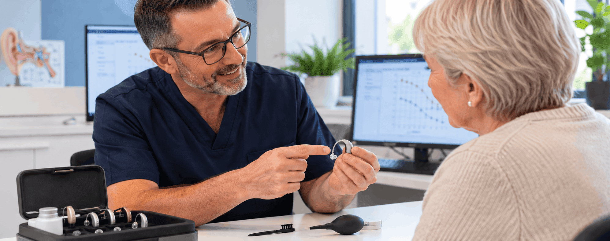 Audiologist showing a hearing aid to an older woman during a hearing aid aftercare appointment
