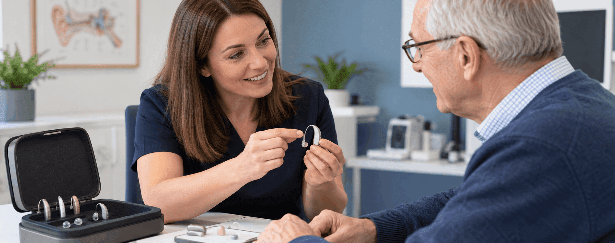 Audiologist showing a hearing aid to an older man during a hearing aid trial appointment