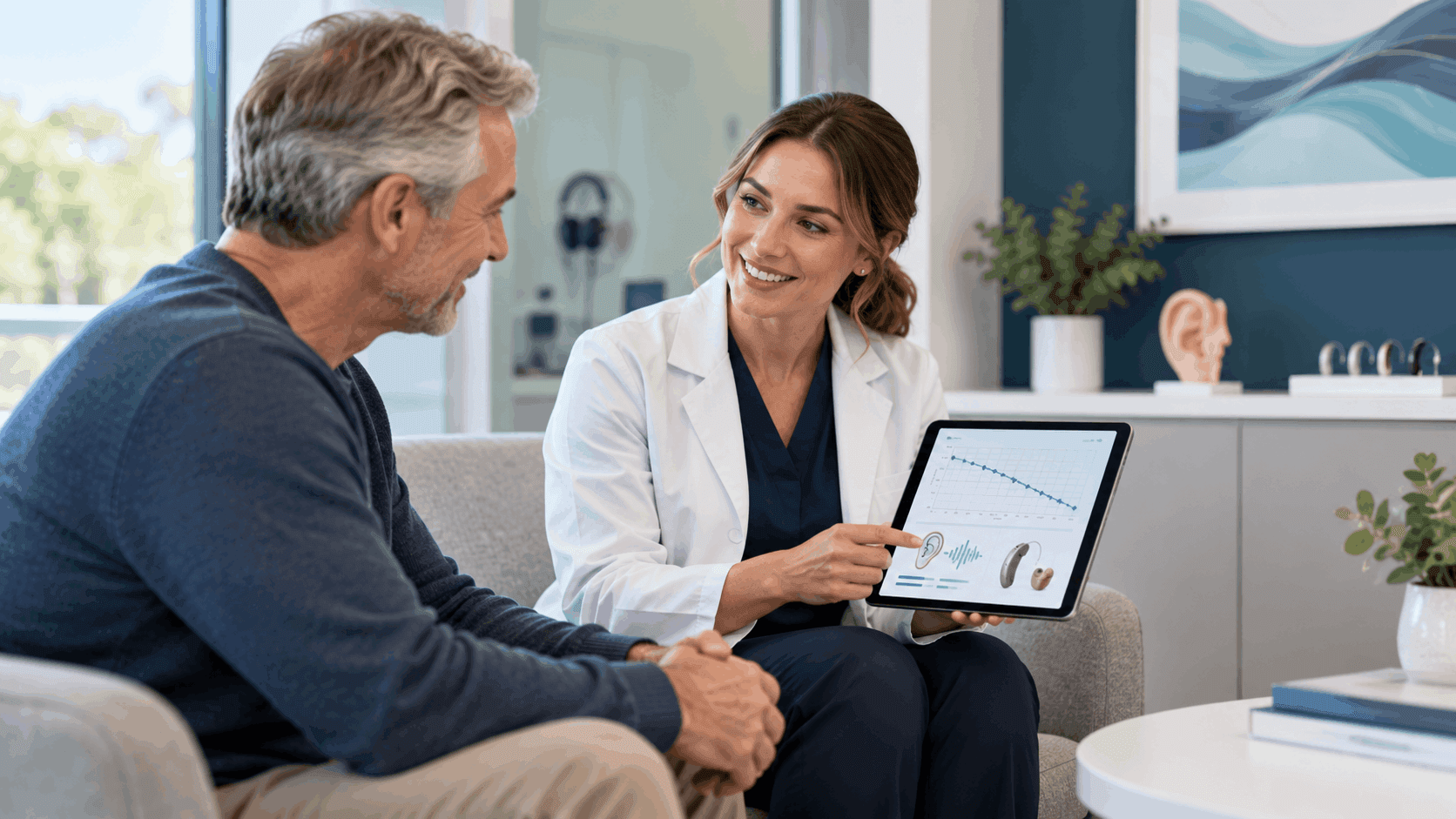 Audiologist discussing hearing test results with a patient using a tablet in a modern clinic