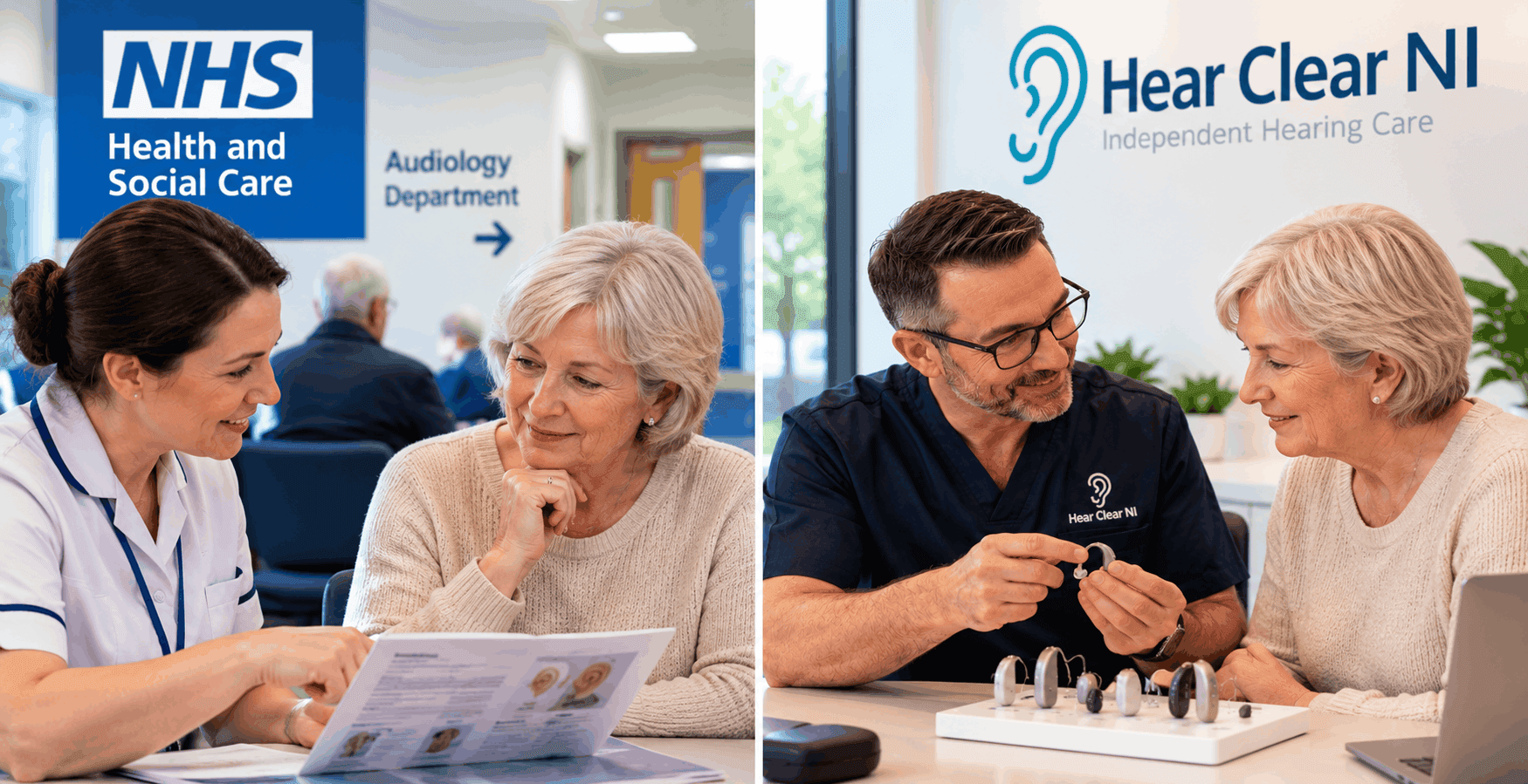 Audiologist discussing hearing aid options with an older woman while comparing private and NHS hearing care