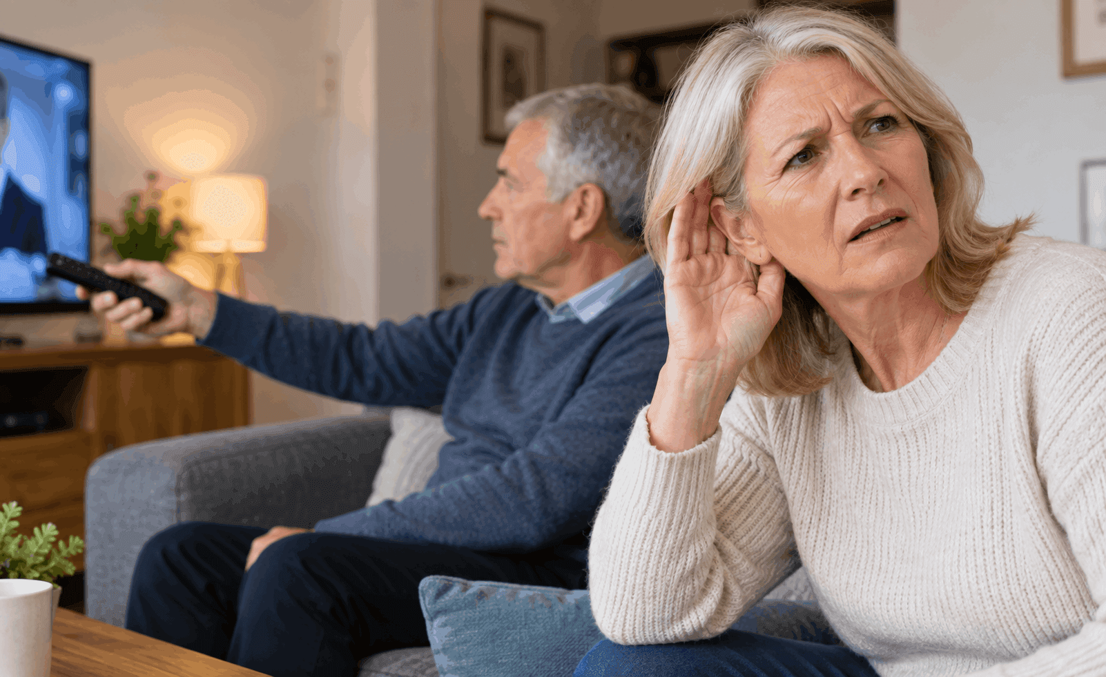 Older woman cupping her ear while watching television with a man in a living room.