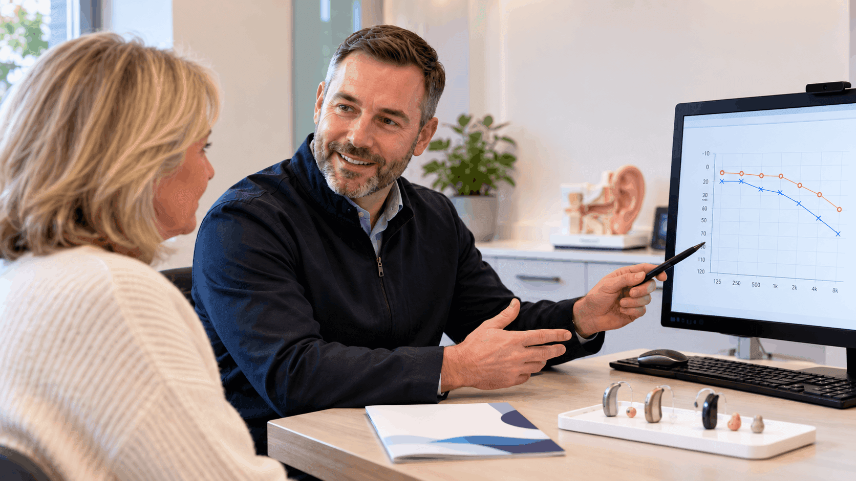 Audiologist discussing hearing test results with a patient while reviewing an audiogram on a computer screen